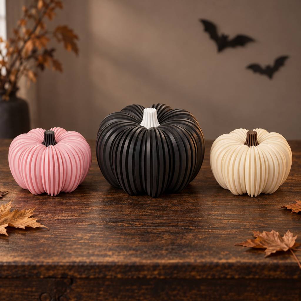 Halloween-Set aus einem großen schwarzen und zwei mittleren Kürbissen in Rosa und Creme